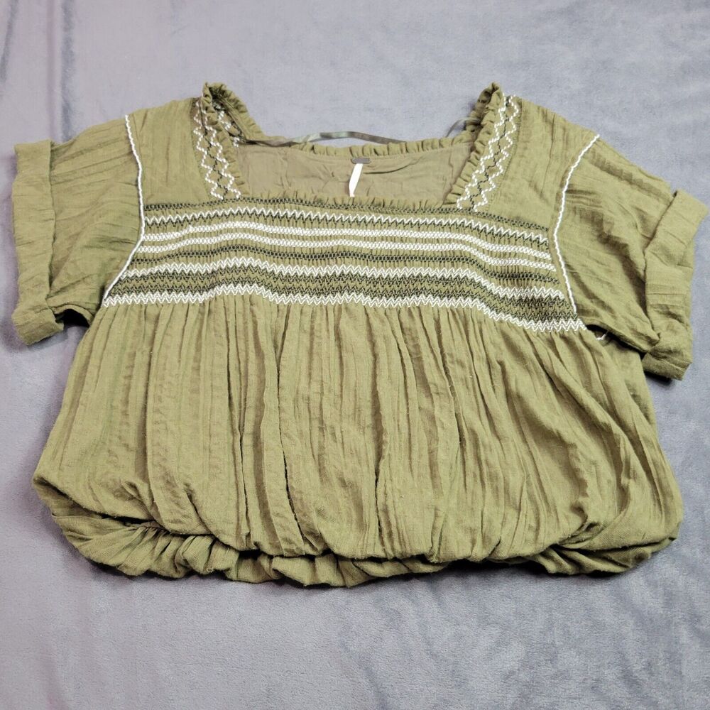 Free People Shirt Womens Small Green Boho Embroidery Layered Stretch Comfort Top
